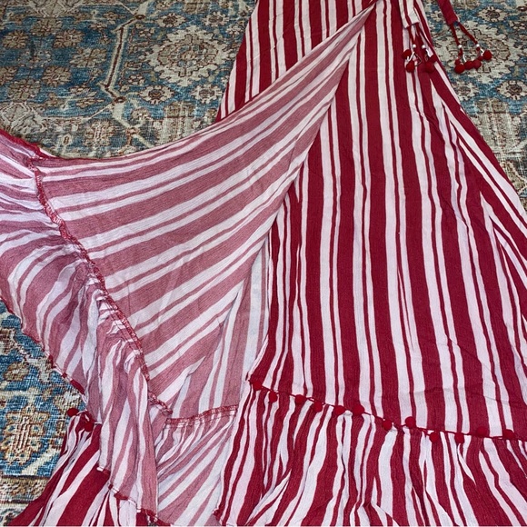 Lovers + Friends | Red/White Stripe Beach Pom Pom Ruffle Maxi Wrap Skirt - Picture 7 of 11